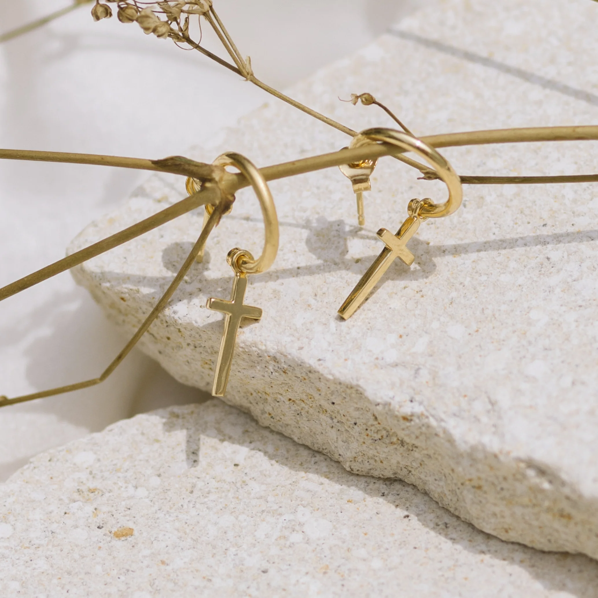 Mini Madonna Cross Charm Hoops - Gold - Image 3