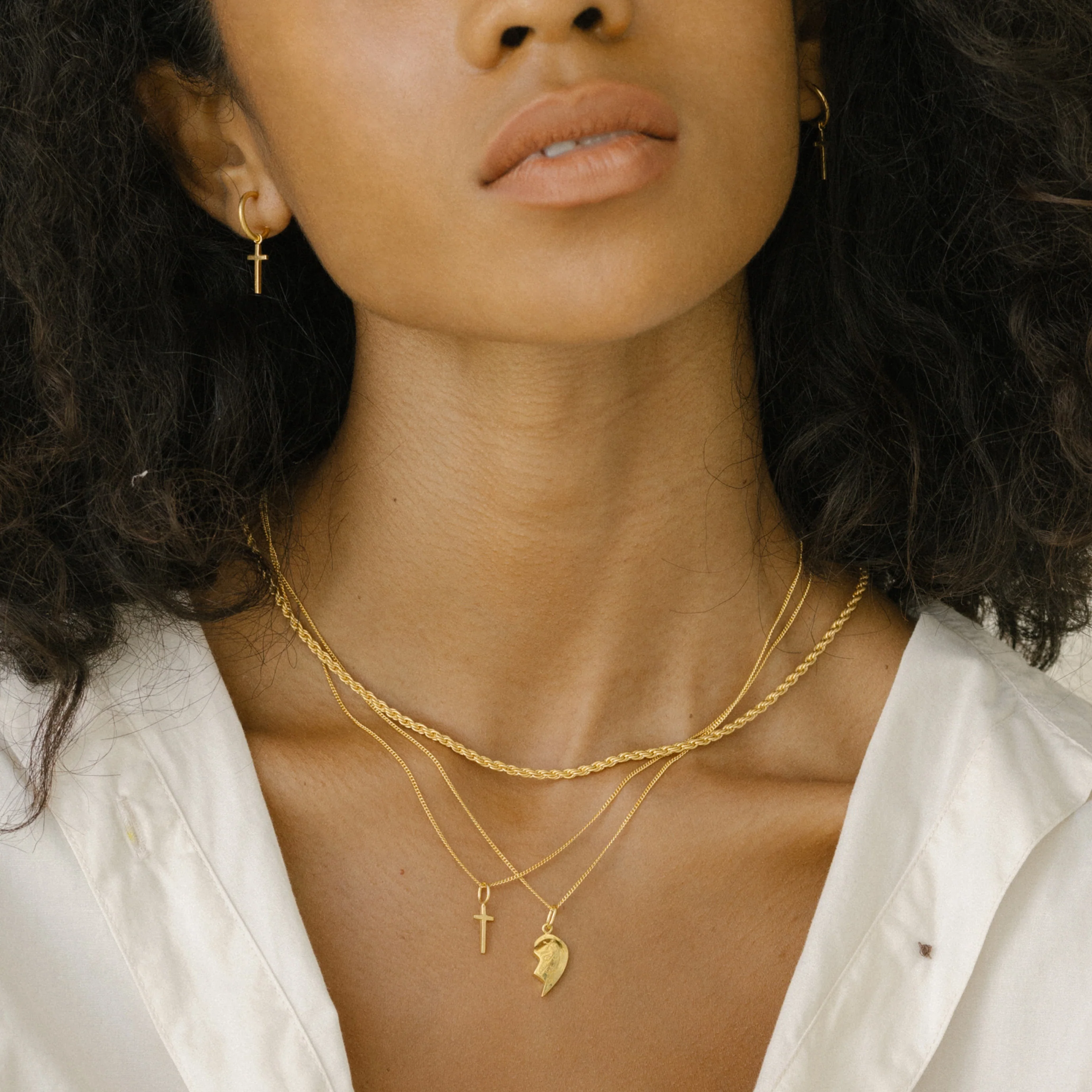 Mini Madonna Cross Charm Hoops - Gold - Image 4