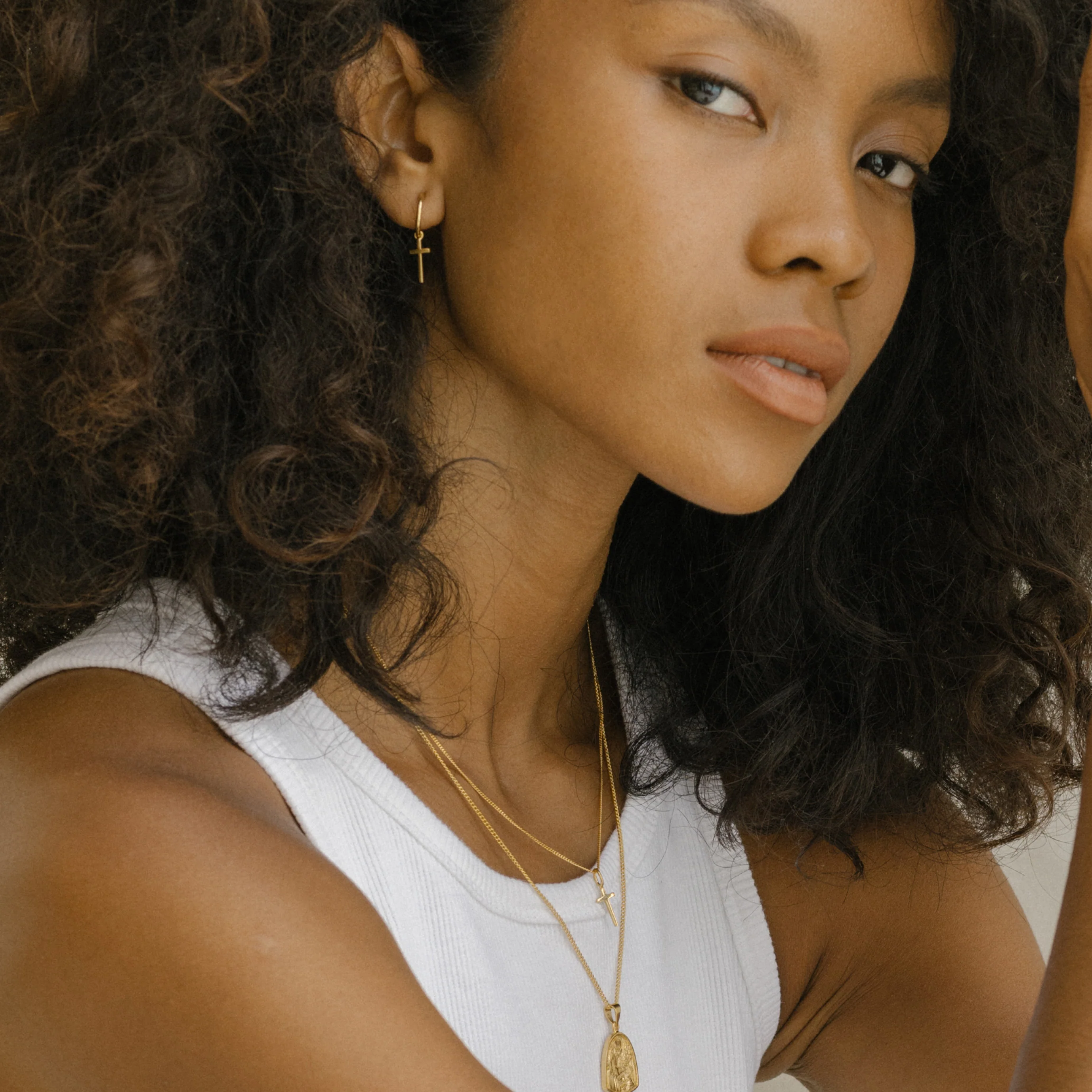 Mini Madonna Cross Charm Hoops - Gold - Image 5