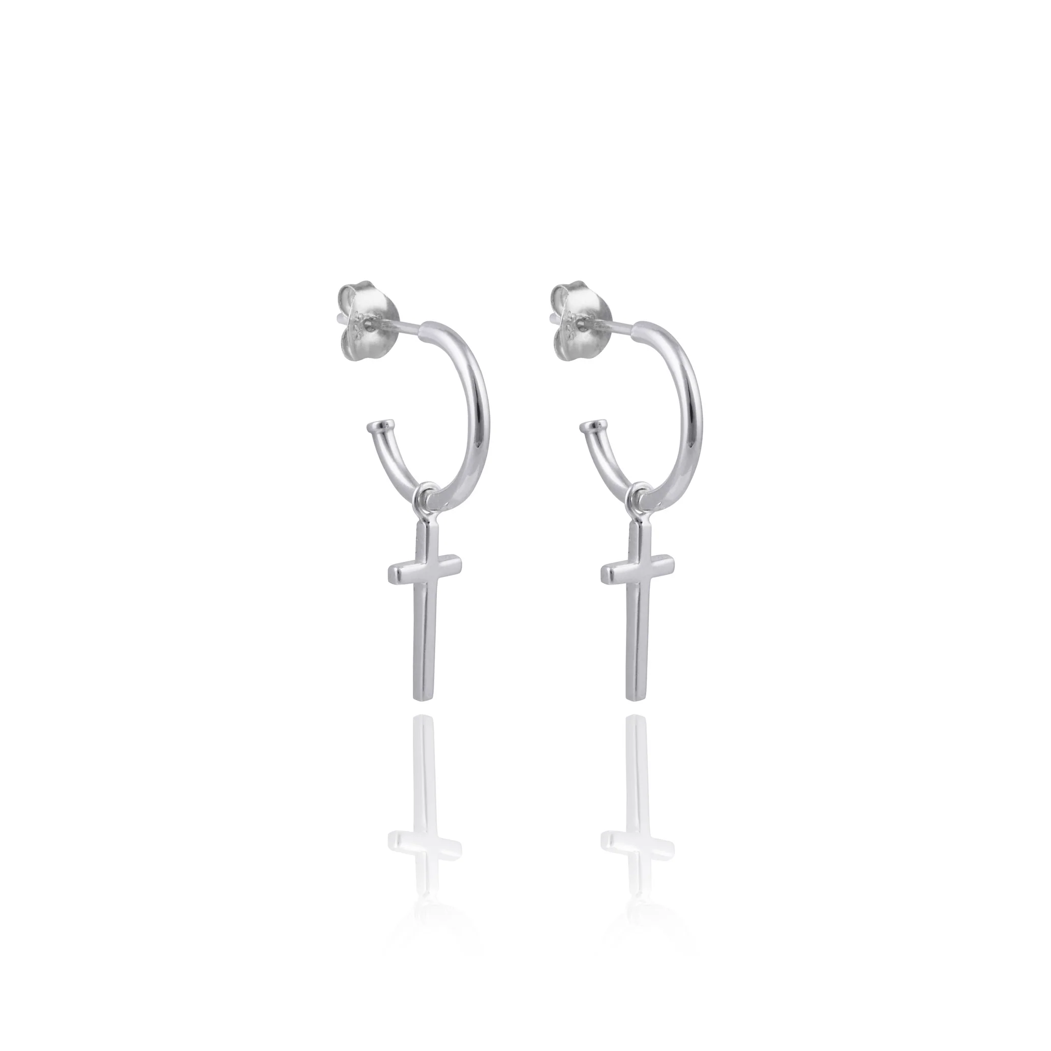 Mini Madonna Cross Charm Hoops - Silver
