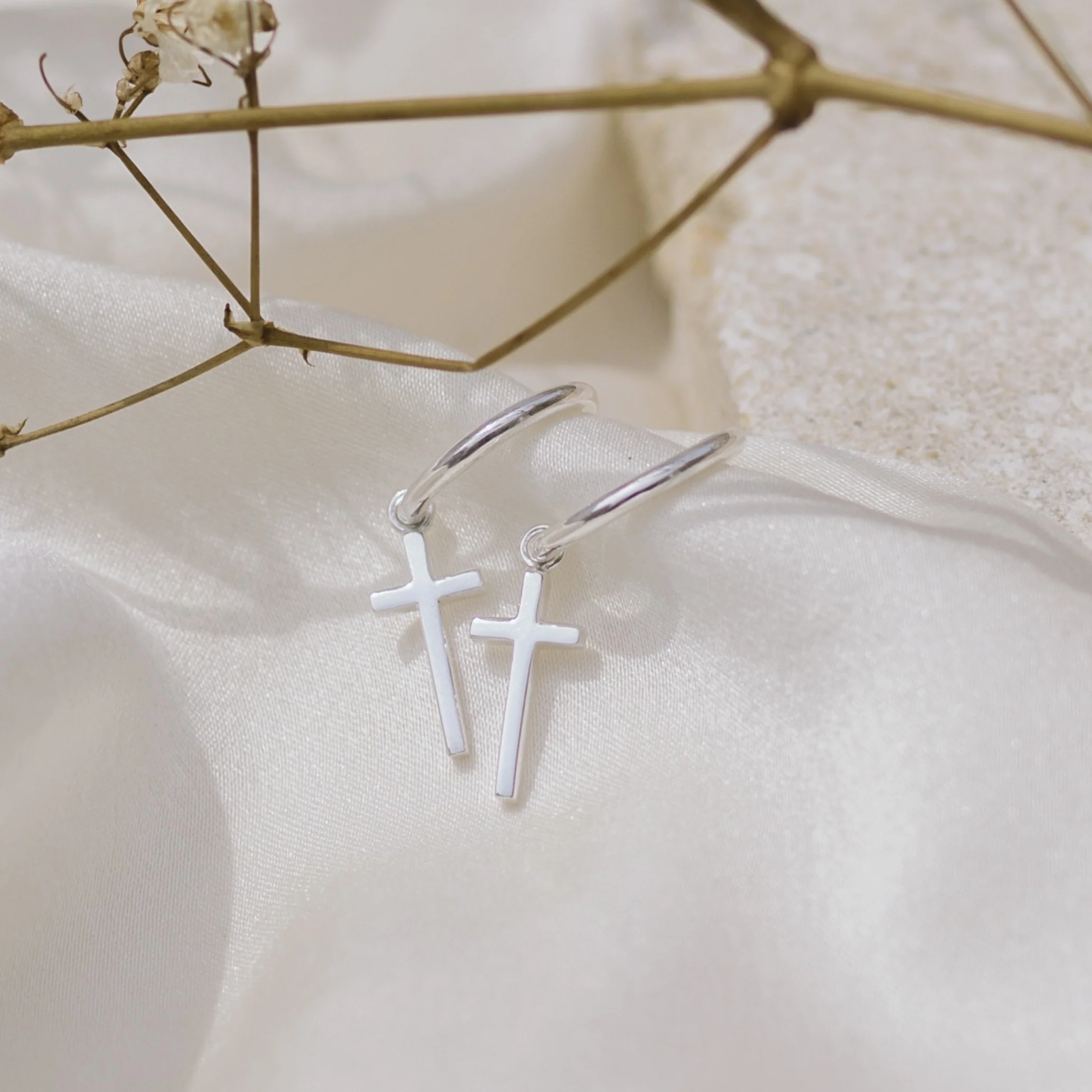 Mini Madonna Cross Charm Hoops - Silver - Image 2