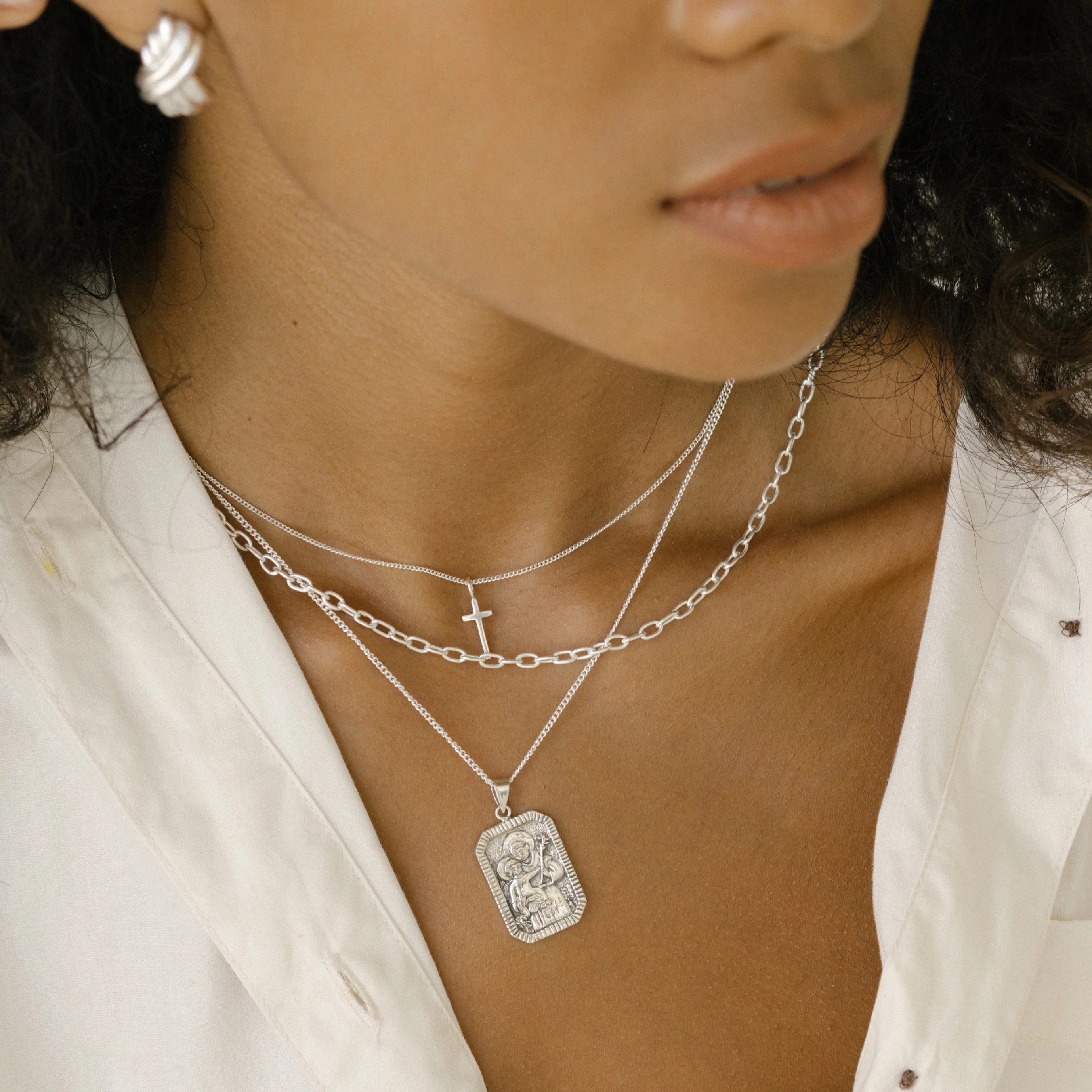 Mini Madonna Cross Charm Necklace - Silver - Image 3