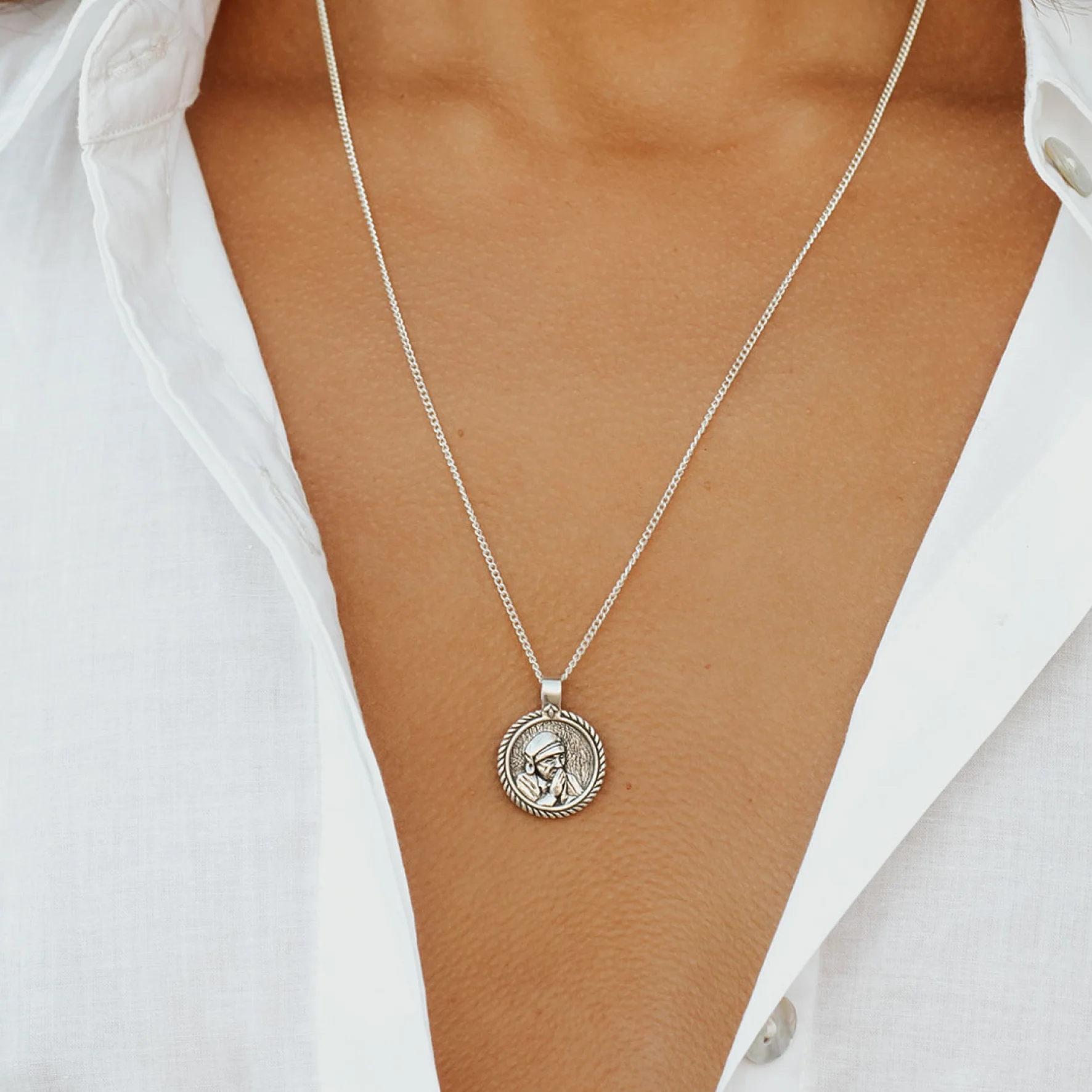 Mother Teresa Pendant for Devotion Necklace - Silver - Image 2